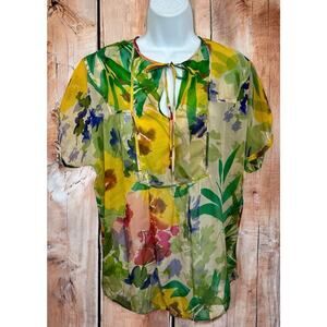 Jenny Han Colorful Watercolor Floral Blouse Sz XS 100% Silk Oversized Semi-Sheer